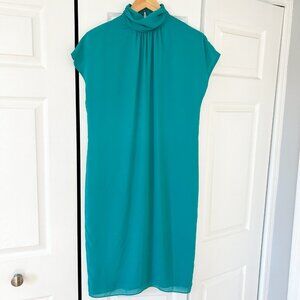 Patra Teal High Neck Shoulder Pad Midi Dress Women’s Size 8 EUC